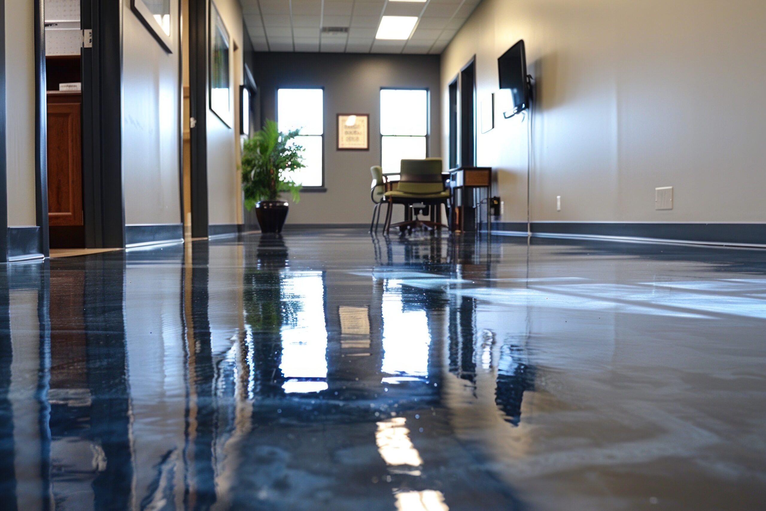 Shiny blue epoxy floor in modern office hallway